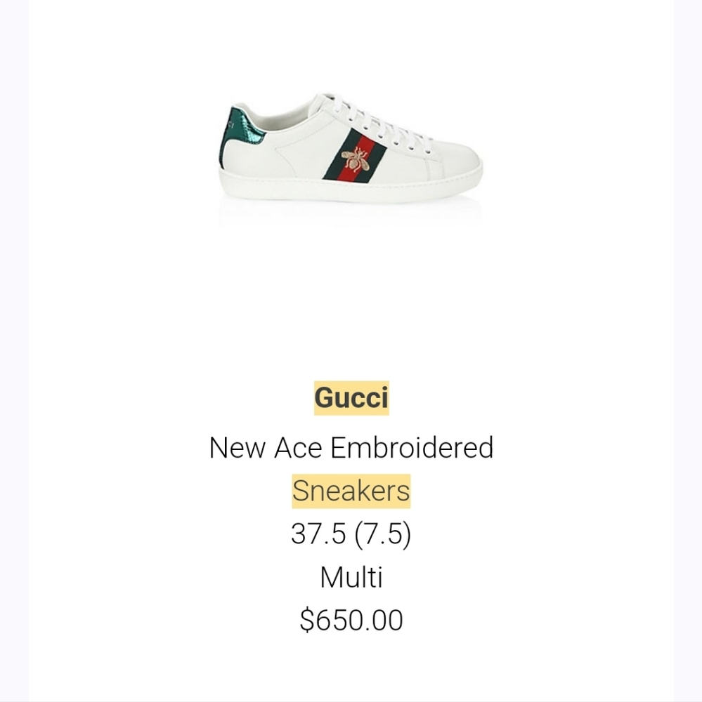 Women's Gucci Ace Embroidered Sneakers. Size 37.5 (US 7.5) - Picture 7 of 7